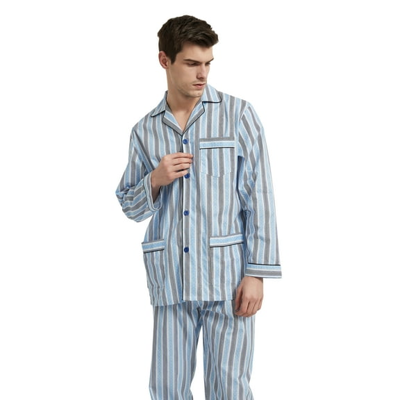 GLOBAL Men's Cotton Notch Collar Pajama Set with Pockets, 2-Piece, Sizes S to 3XL