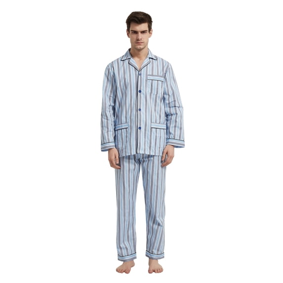 GLOBAL Mens 100% Cotton Long Sleeve Pajama Set, Breathable Lightweight Button Down Nightwear with Pants, S-3XL