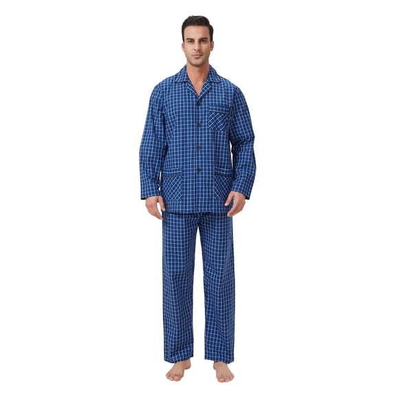 GLOBAL Mens Yarn Pajama Set 100% Cotton, Long Sleeve Button Down PJ Set for Men Plaid Men's Sleepwear, Sizes S-3XL