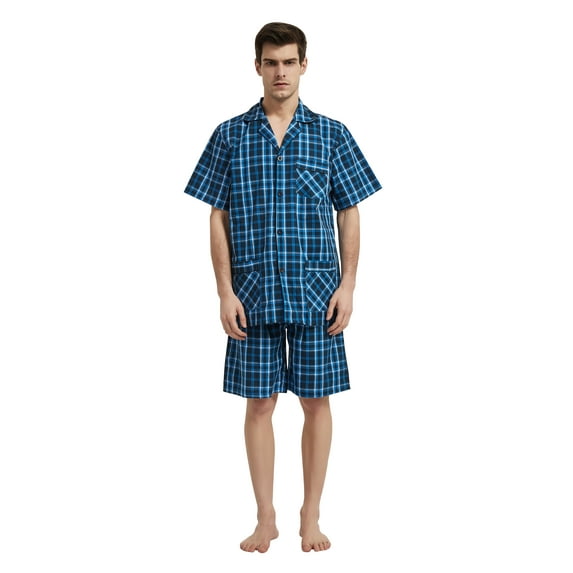 GLOBAL Men’s Cotton Short Sleeve and Shorts Yarn Pajama Set, Summer Soft Classic Plaid Loungewear with Pockets, Sizes 3XL