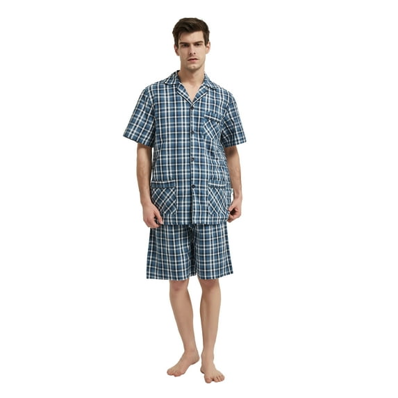 GLOBAL Men’s Cotton Short Sleeve and Shorts Yarn Pajama Set, Summer Soft Classic Plaid Loungewear with Pockets, Sizes 3XL