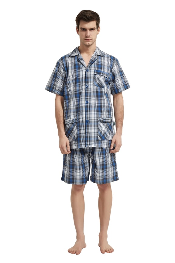 Men’s Cotton Short Sleeve and Shorts Yarn Pajama Set, Summer Soft Classic Plaid Loungewear with Pockets, Sizes S