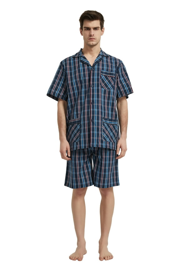 Men’s Cotton Short Sleeve and Shorts Yarn Pajama Set, Summer Soft Classic Plaid Loungewear with Pockets, Sizes L