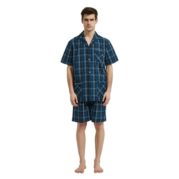 GLOBAL Men’s Cotton Short Sleeve and Shorts Yarn Pajama Set, Summer Soft Classic Plaid Loungewear with Pockets, Sizes M