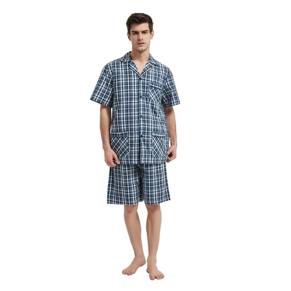 GLOBAL Men’s Cotton Short Sleeve and Shorts Yarn Pajama Set, Summer Soft Classic Plaid Loungewear with Pockets, Sizes S