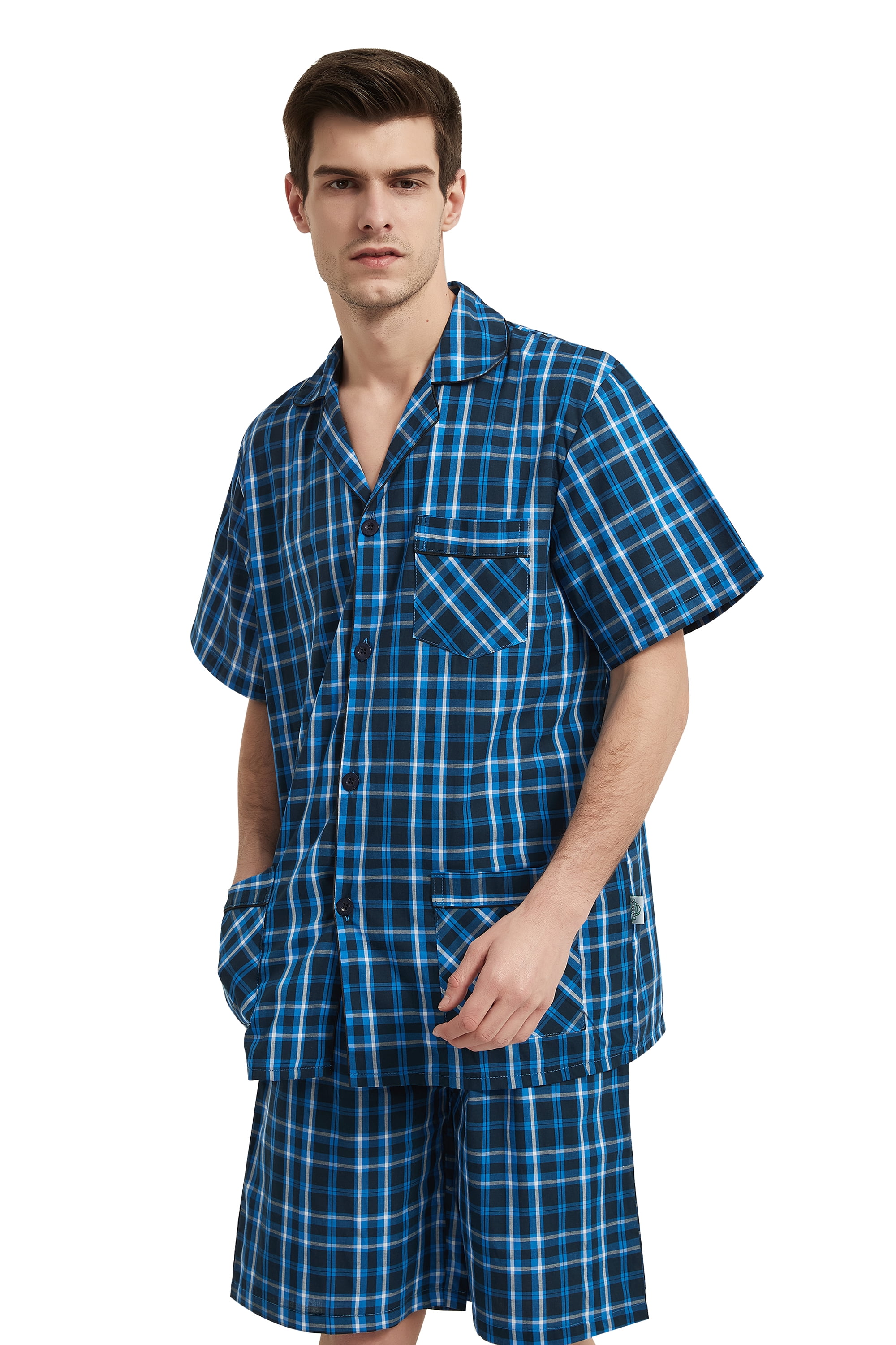 GLOBAL Men’s Cotton Short Sleeve and Shorts Yarn Pajama Set with ...