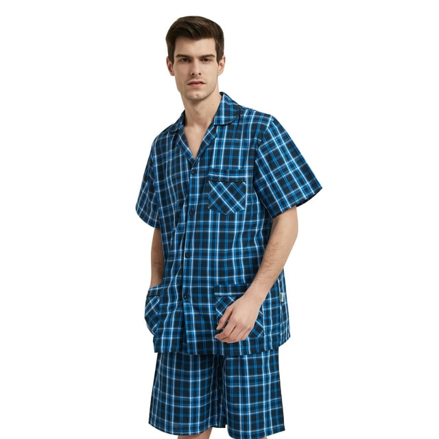 GLOBAL Men’s Cotton Short Sleeve and Shorts Yarn Pajama Set with