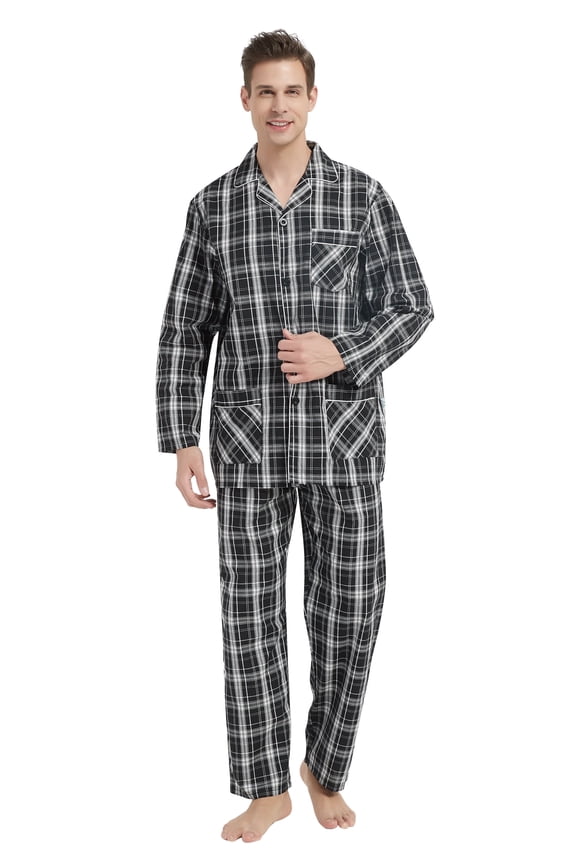 Mens Yarn Cotton Pajama Set, Long Sleeve Button Down PJ Set for Men Plaid Men's Sleepwear, Sizes S-XXL