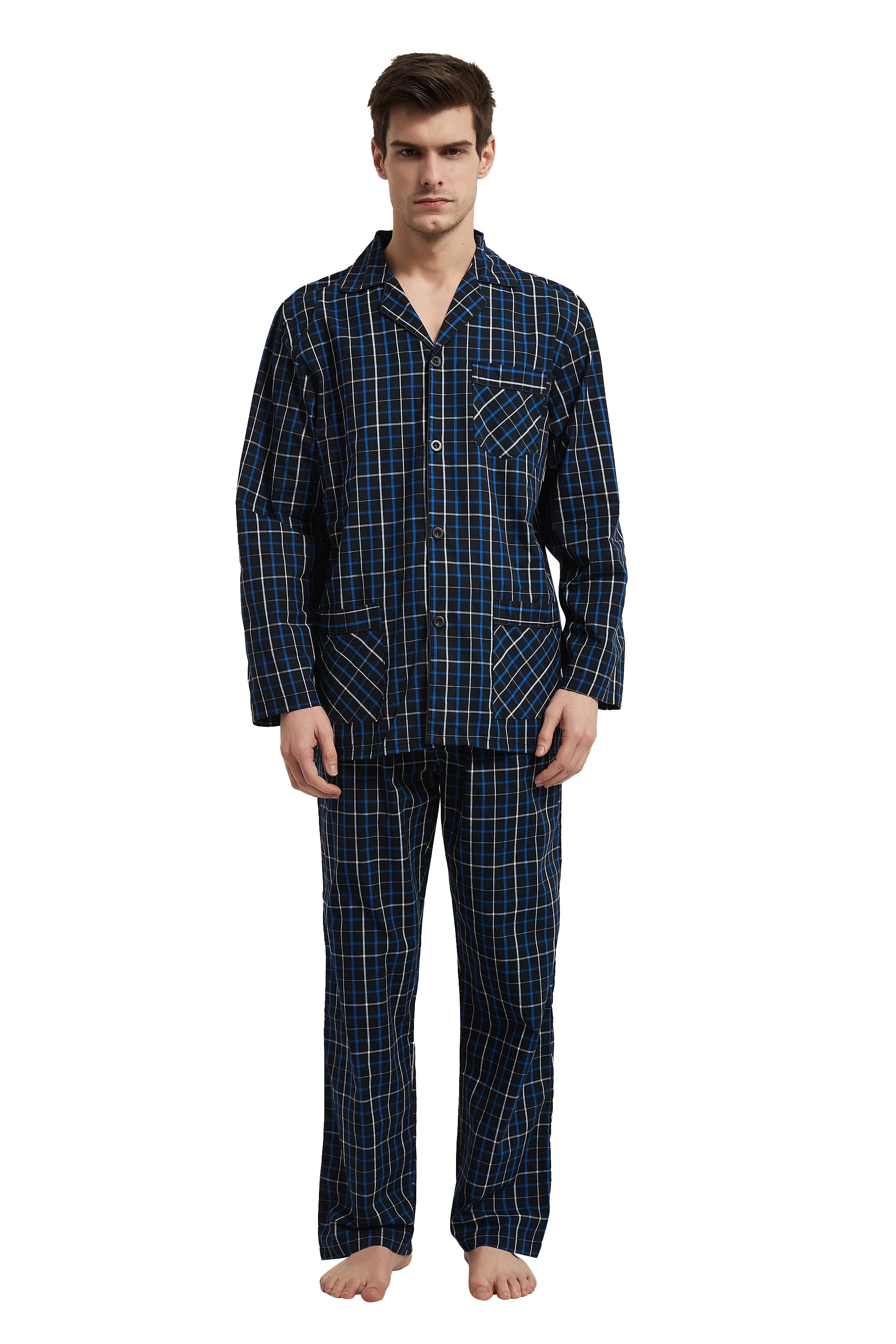 GLOBAL Mens Yarn Pajama Set 100% Cotton, Long Sleeve Button Down PJ Set ...