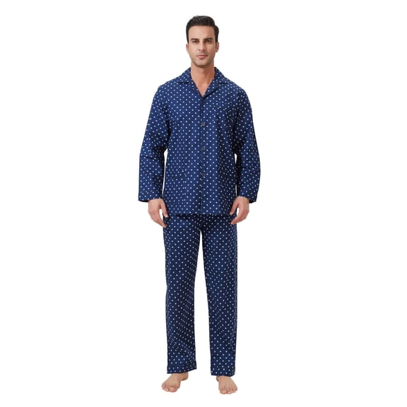 GLOBAL Men's 100% Cotton Long Sleeve Pajama Set, Breathable Lightweight Button Down Nightwear with Pants, S-3XL