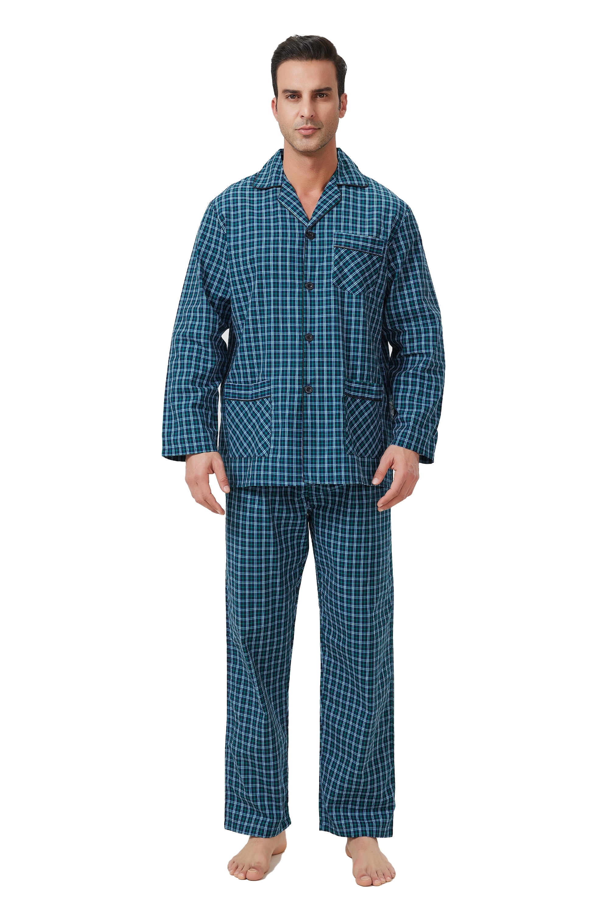 GLOBAL Mens Yarn Pajama Set 100% Cotton, Long Sleeve Button Down PJ Set ...