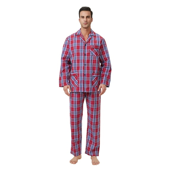 GLOBAL Mens Yarn Pajama Set 100% Cotton, Long Sleeve Button Down PJ Set for Men Plaid Men's Sleepwear, Sizes S-3XL