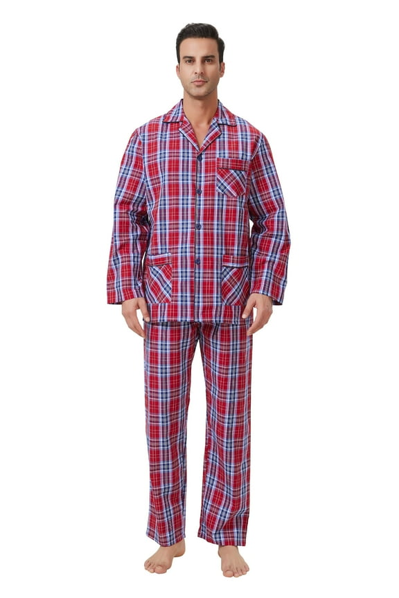 Mens Yarn Pajama Set 100% Cotton, Long Sleeve Button Down PJ Set for Men Plaid Men's Sleepwear, Sizes S-3XL