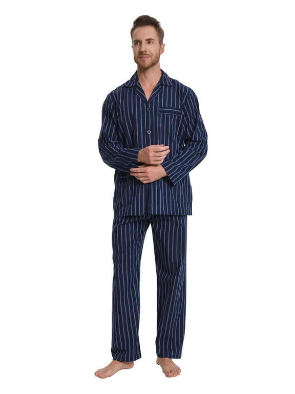 Mens Yarn Cotton Pajama Set, Long Sleeve Button Down PJ Set for Men Plaid Men's Sleepwear, Sizes S-XXL