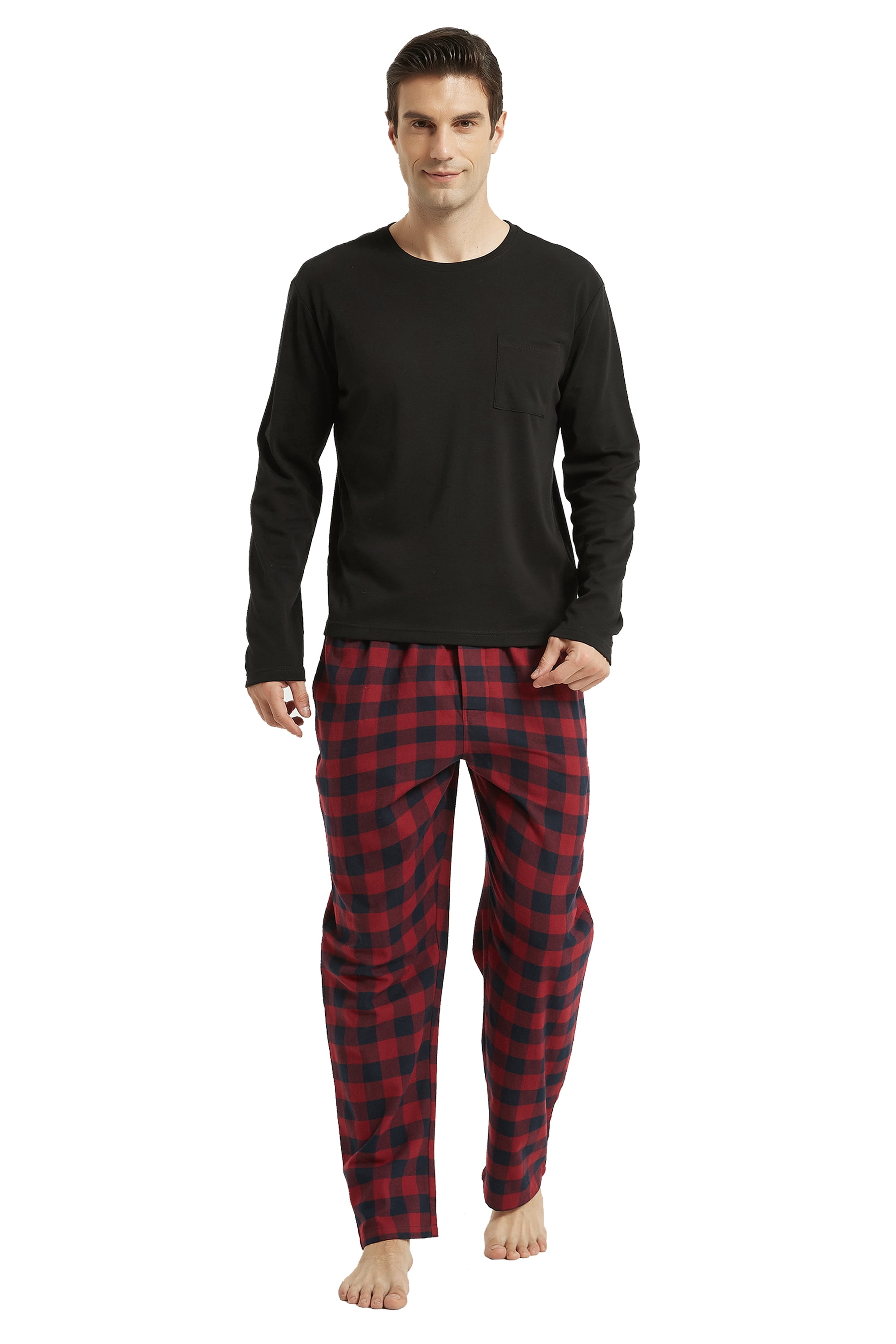 GLOBAL Men's Flannel Pajama Sets 100% Cotton Knit Top Flannel Pants ...