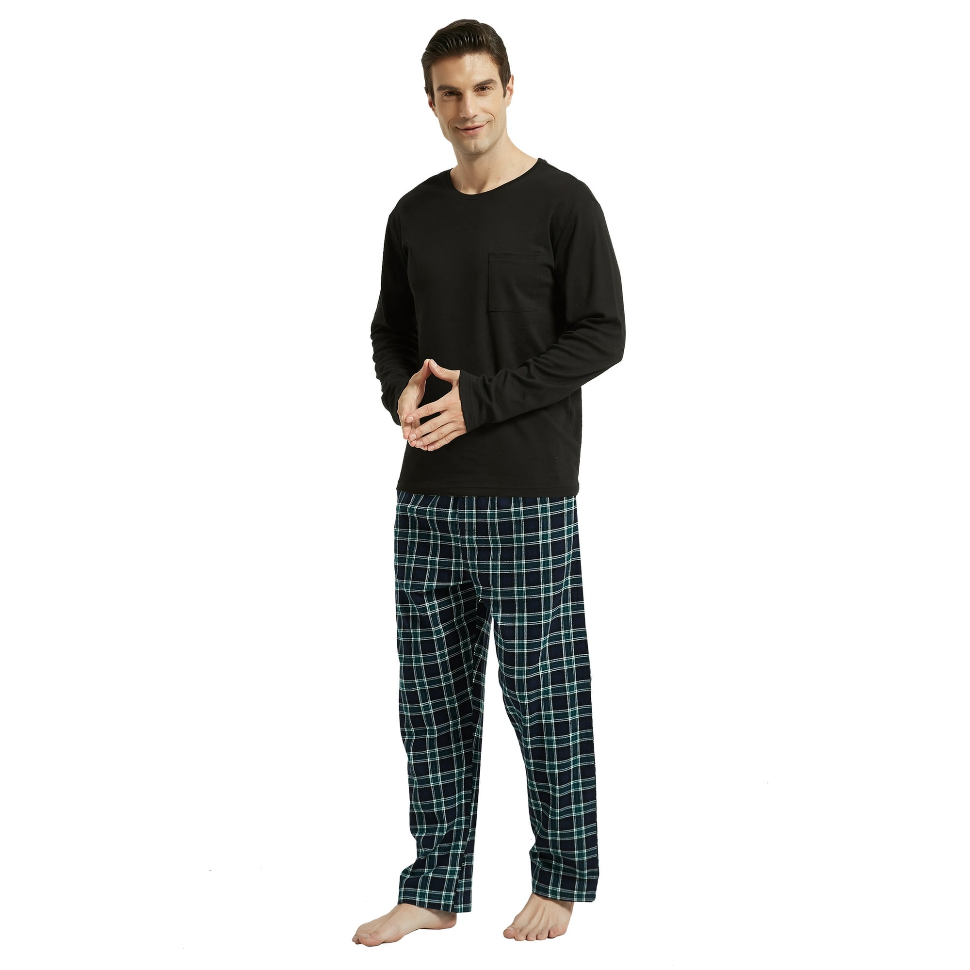 GLOBAL Men's Cotton Lounge Sleepwear, Flannel Pajama Sets with Knit Top ...
