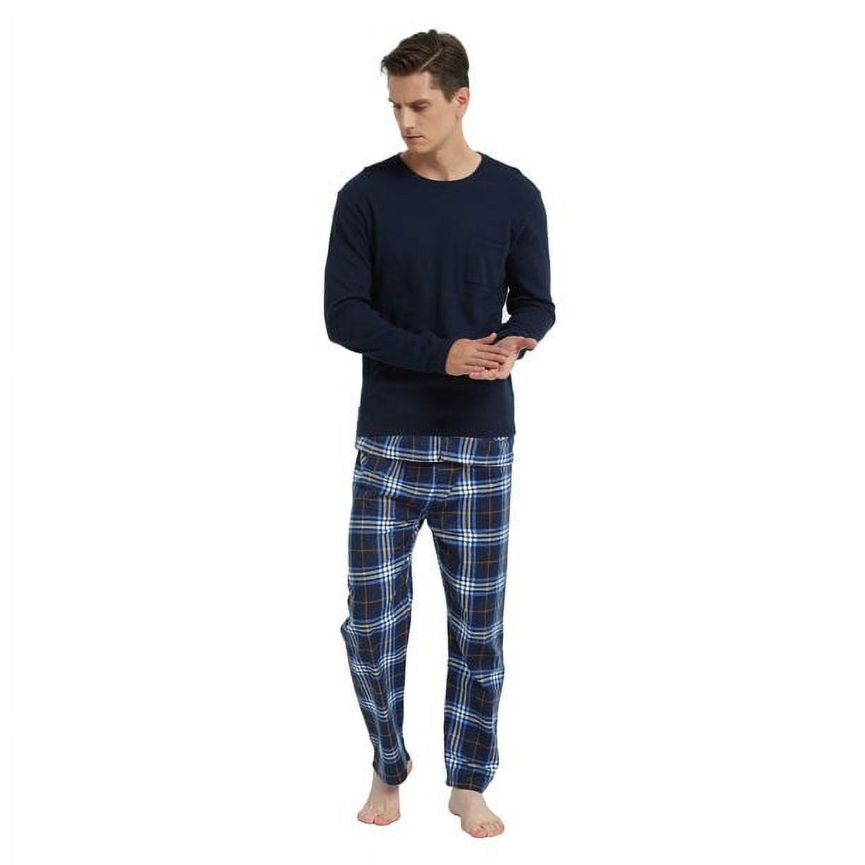 GLOBAL Men's Flannel Pajama Sets Knit Top Flannel Pants Sleepwear Long