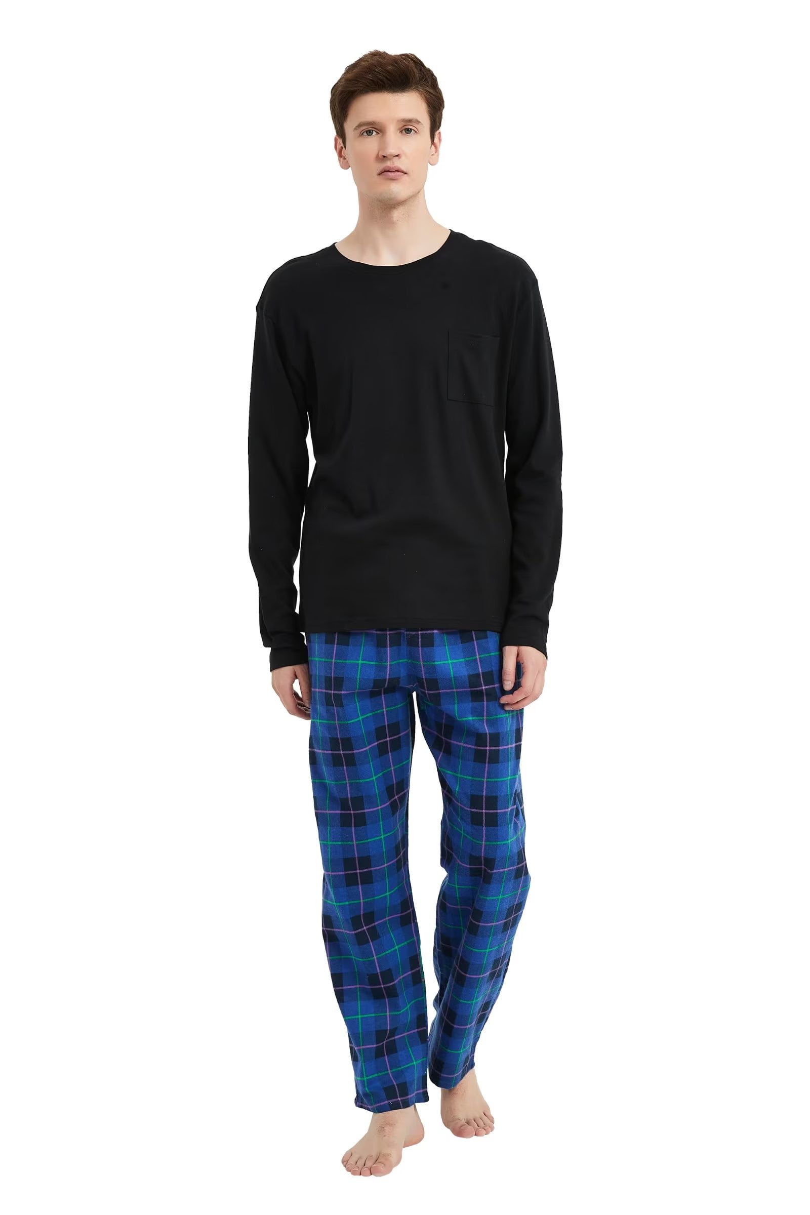 GLOBAL Men's Flannel Pajama Sets Knit Top Flannel Pants Sleepwear Long