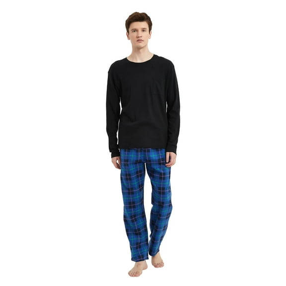 GLOBAL Men's Flannel Pant and Long-Sleeve T-Shirt Pajama Set 100% Cotton Blue Plaid L