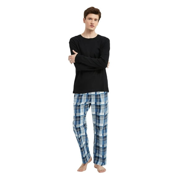 GLOBAL Men's Flannel Pant and Long-Sleeve T-Shirt Pajama Set 100% Cotton Blue and White Plaid L