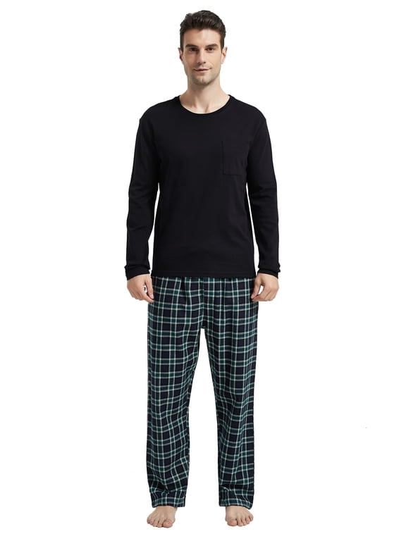 Men's Flannel Pant and Long-Sleeve T-Shirt Pajama Set 100% Cotton Green Plaid L
