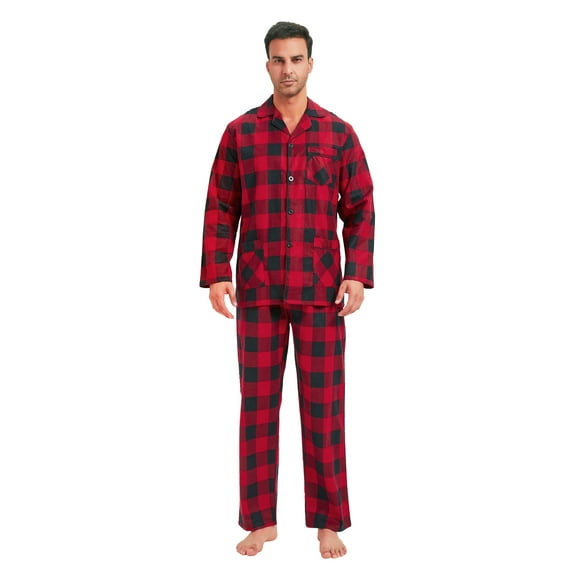 GLOBAL Men's Long Sleeve Flannel Pajamas Sets 100% Cotton Sleepwear Top and Bottom, Size S-3XL