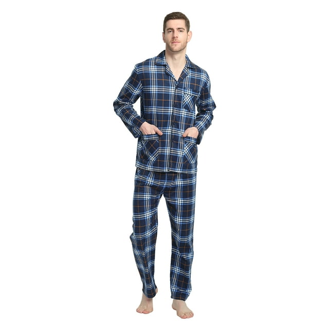 GLOBAL Men's Long Sleeve Flannel Pajamas Sets 100% Cotton Sleepwear Top ...