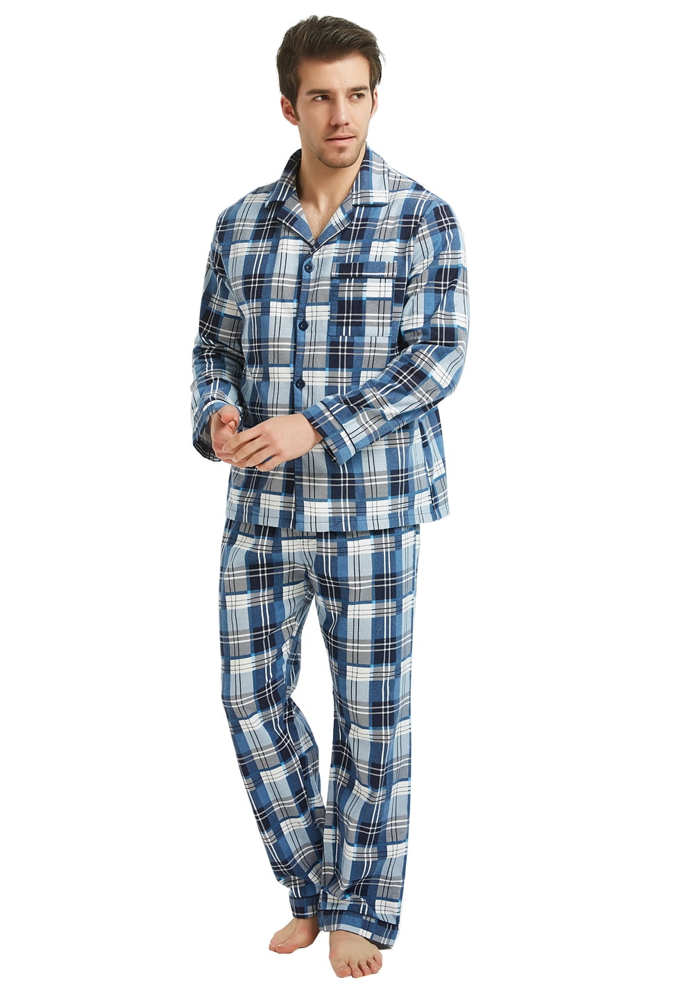 GLOBAL Men's Long Sleeve Flannel Pajamas Sets 100 Cotton Sleepwear Top and Bottom, Size SXXL