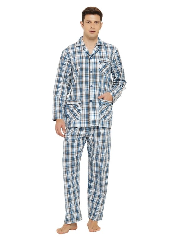 Men's Long Sleeve Plain Weave Pajama Set Cotton Sleepwear Comfy Loungewear Elegant Gray Plaid S