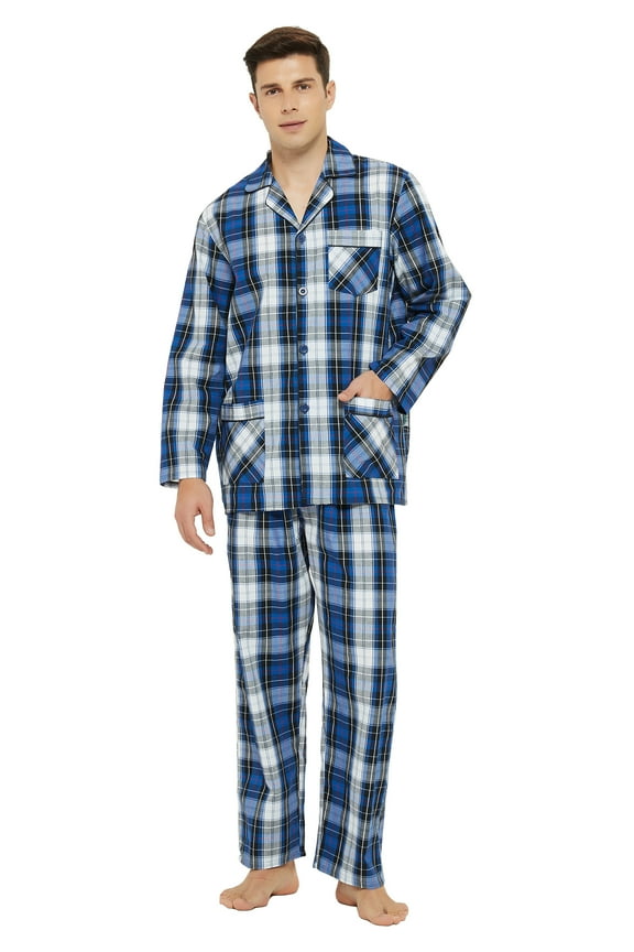 Men's Long Sleeve Plain Weave Pajama Set Cotton Sleepwear Comfy Loungewear Fresh Blue Plaid M