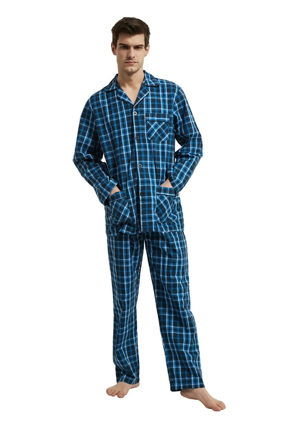 Men's Long Sleeve Plain Weave Pajama Set Cotton Sleepwear Comfy Loungewear Light Blue&Navy Plaid XXL