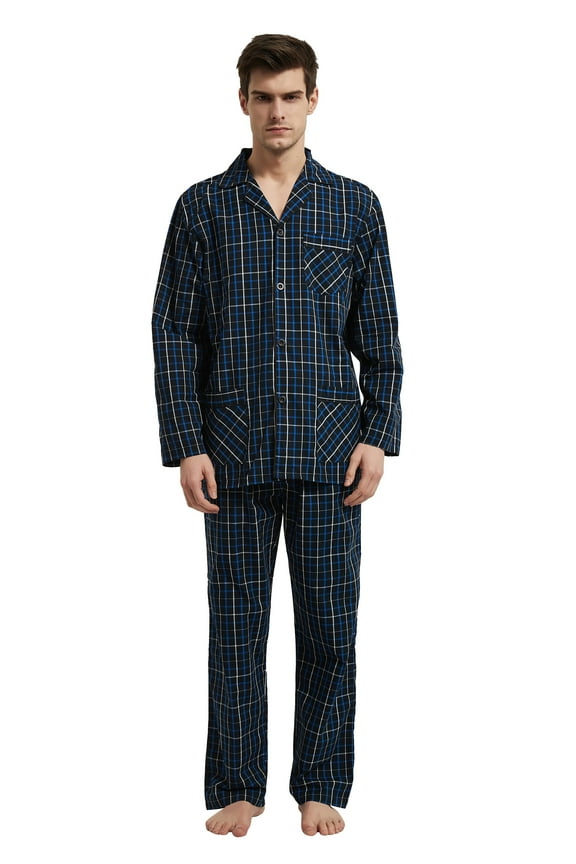 Men's Long Sleeve Plain Weave Pajama Set Cotton Sleepwear Comfy Loungewear Navy&Black Plaid XXL