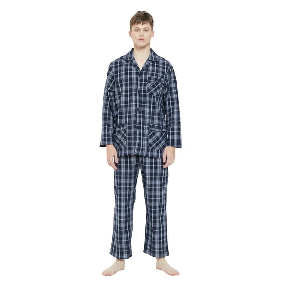 GLOBAL Men's Long Sleeve Plain Weave Pajama Set Cotton Sleepwear Comfy Loungewear Navy Plaid L