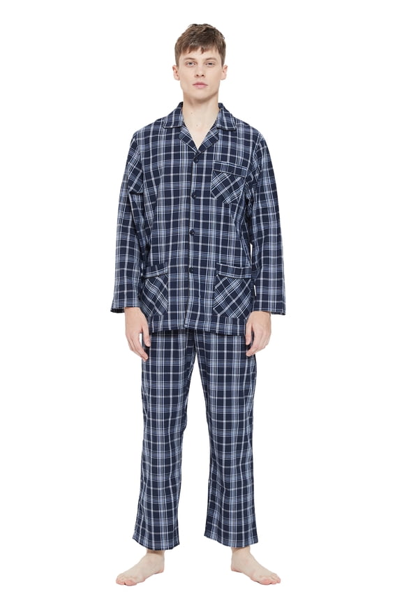 Men's Long Sleeve Plain Weave Pajama Set Cotton Sleepwear Comfy Loungewear Navy Plaid XL