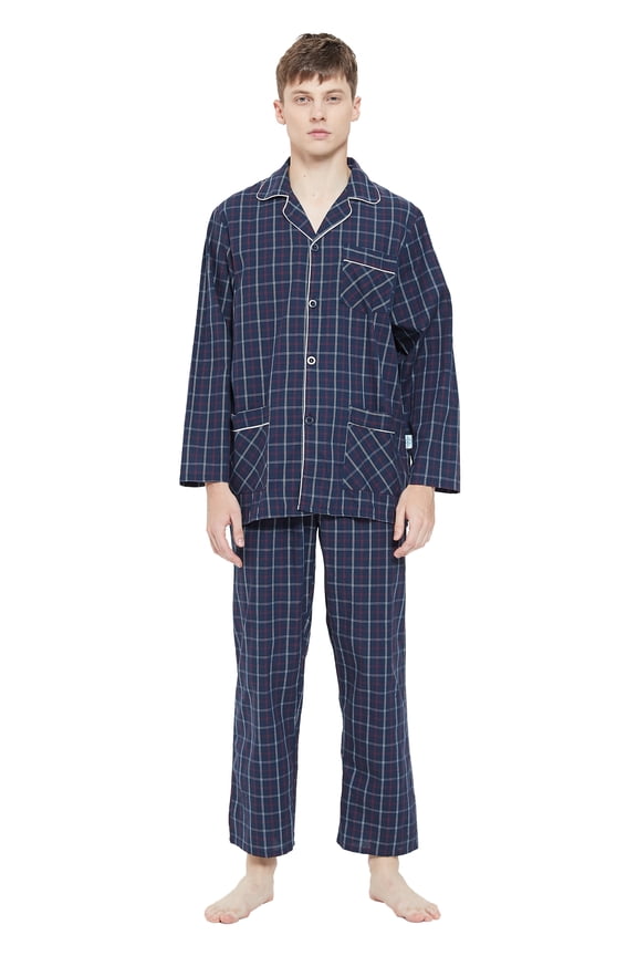 Men's Long Sleeve Plain Weave Pajama Set Cotton Sleepwear Comfy Loungewear Red Line Plaid XXL