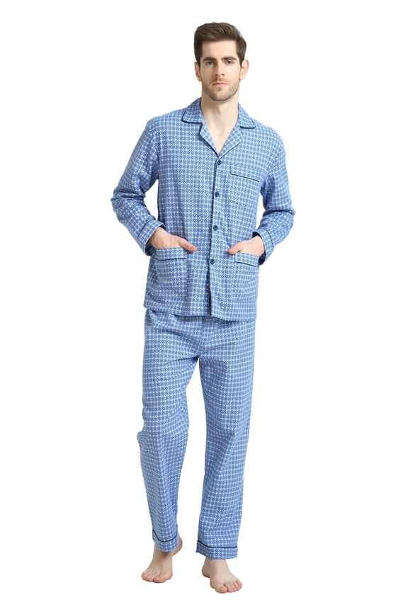 Men's Pajamas Sets 100% Cotton Flannel Sleepwear Long-Sleeve Top & Bottom Loungewear Blue Lattice XL