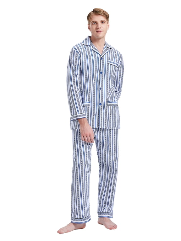 Men's Pajamas Sets 100% Cotton Flannel Sleepwear Long-Sleeve Top & Bottom Loungewear Blue Retro Stripe M