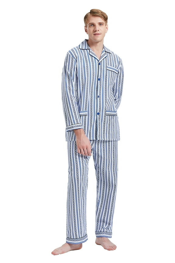 Men's Pajamas Sets 100% Cotton Flannel Sleepwear Long-Sleeve Top & Bottom Loungewear Blue Retro Stripe S