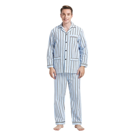 GLOBAL Men's Pajamas Sets 100% Cotton Flannel Sleepwear Long-Sleeve Top & Bottom Loungewear Blue Weave Stripe L
