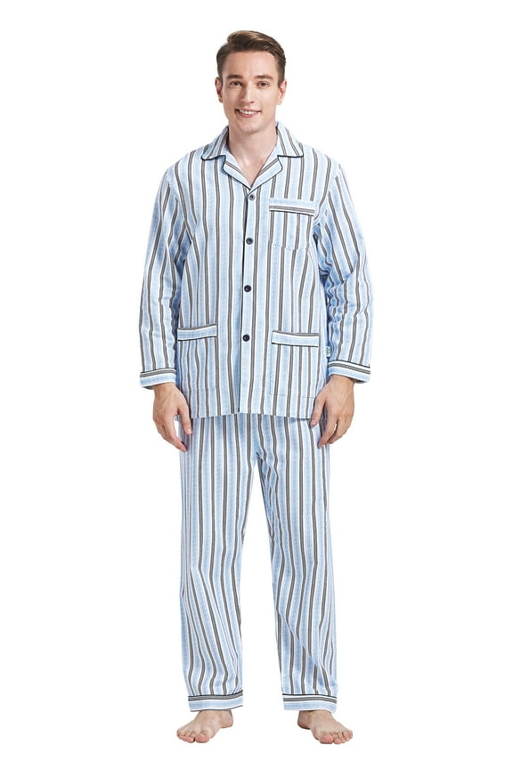 Men's Pajamas Sets 100% Cotton Flannel Sleepwear Long-Sleeve Top & Bottom Loungewear Blue Weave Stripe L