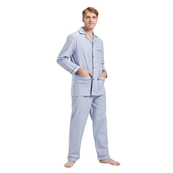 GLOBAL Men's Pajamas Sets 100% Cotton Flannel Sleepwear Long-Sleeve Top & Bottom Loungewear Gray Lattice XXL
