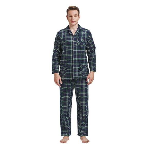 GLOBAL Men's Pajamas Sets 100% Cotton Flannel Sleepwear Long-Sleeve Top & Bottom Loungewear Green Plaid S