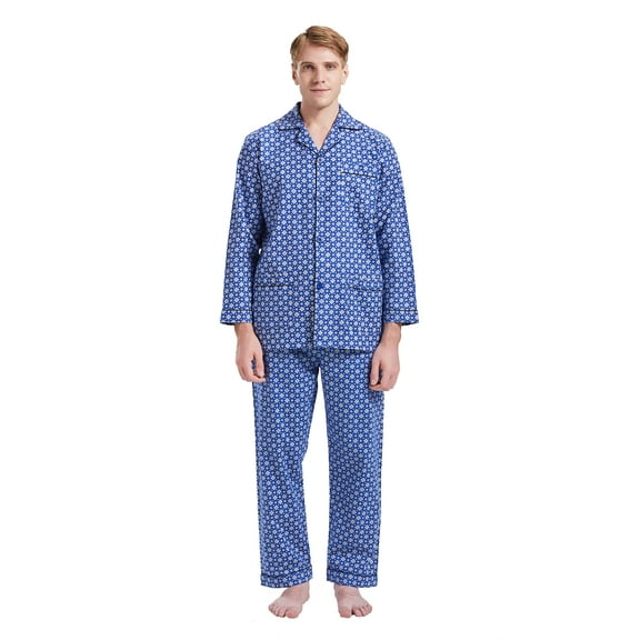 GLOBAL Men's Pajamas Sets 100% Cotton Flannel Sleepwear Long-Sleeve Top & Bottom Loungewear Navy Blue Lattice S