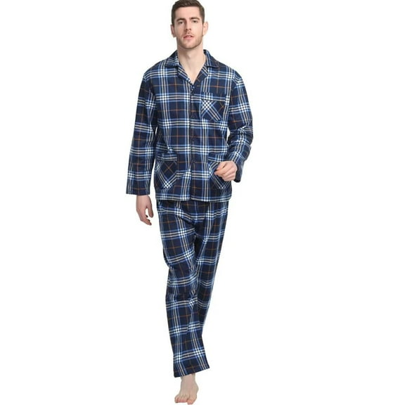 GLOBAL Men's Pajamas Sets 100% Cotton Flannel Sleepwear Long-Sleeve Top & Bottom Loungewear Navy Blue Plaid M