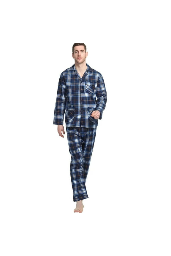 Men's Pajamas Sets 100% Cotton Flannel Sleepwear Long-Sleeve Top & Bottom Loungewear Navy Blue Plaid M