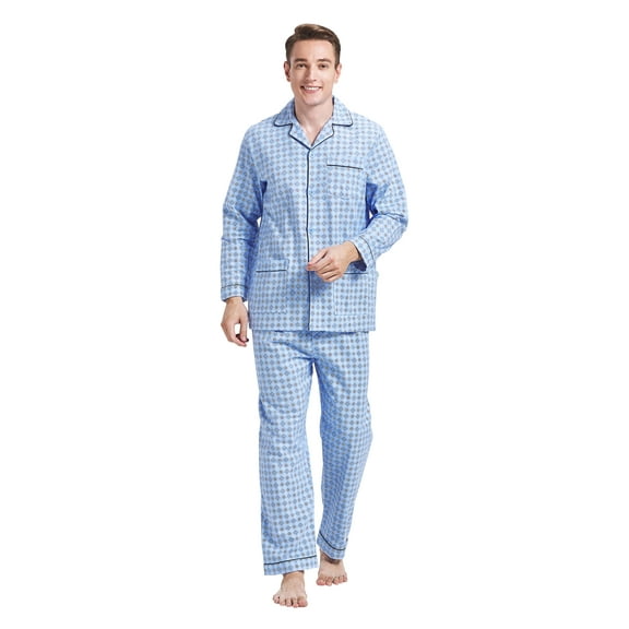 GLOBAL Men's Pajamas Sets 100% Cotton Flannel Sleepwear Long-Sleeve Top & Bottom Loungewear Rhombus Blue S
