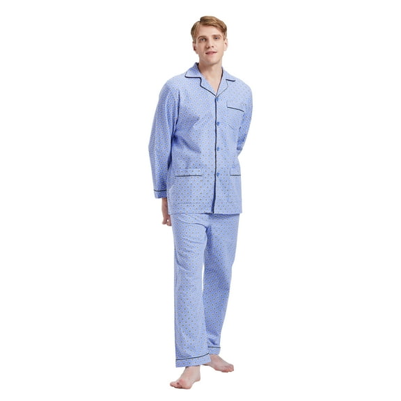 GLOBAL Men's Pajamas Sets 100% Cotton Flannel Sleepwear Long-Sleeve Top & Bottom Loungewear Sky Blue Lattice L
