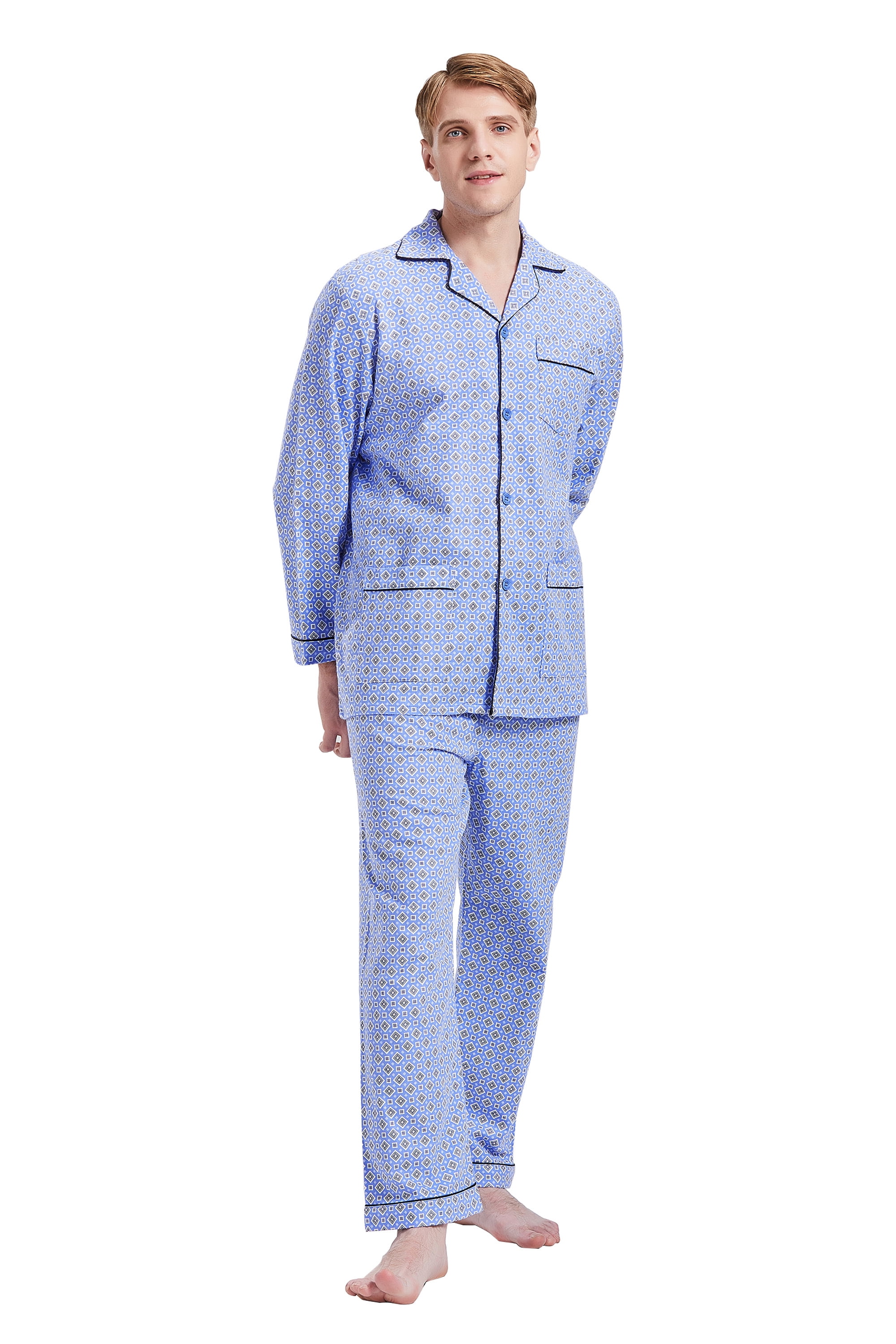 GLOBAL Men's Pajamas Sets 100% Cotton Flannel Sleepwear Long-Sleeve Top ...