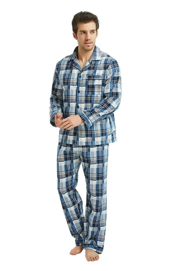 Men's Pajamas Sets 100% Cotton Flannel Sleepwear Long-Sleeve Top & Bottom Loungewear White&Blue Plaid L