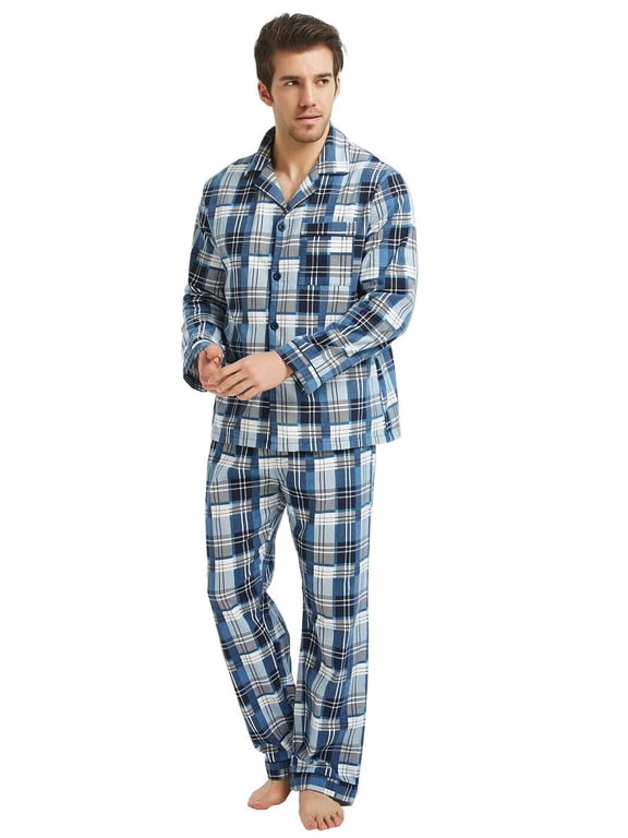 Men's Pajamas Sets 100% Cotton Flannel Sleepwear Long-Sleeve Top & Bottom Loungewear White&Blue Plaid M